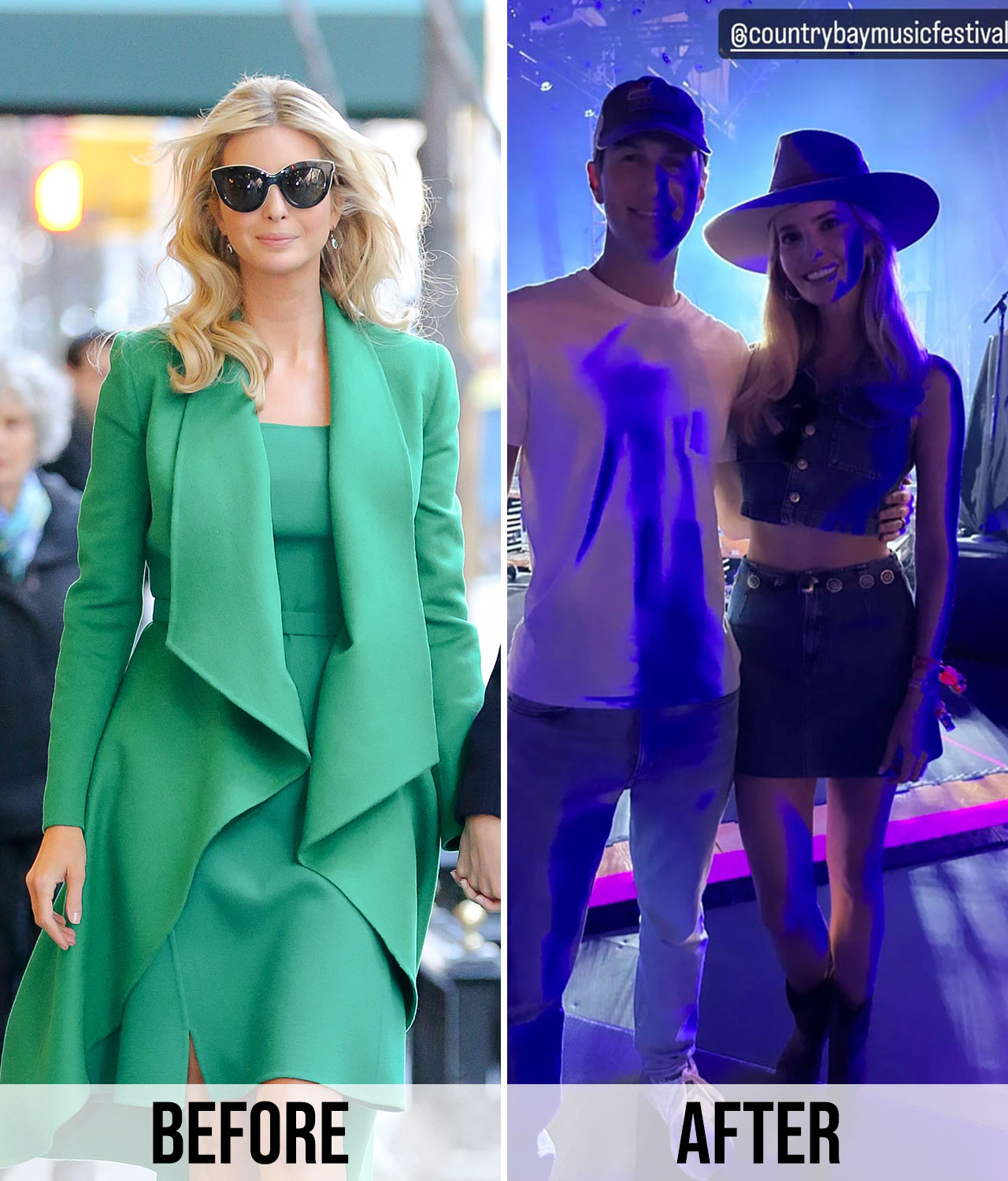 Ivanka Trump before and after green outfit vs denim outfit country music festival