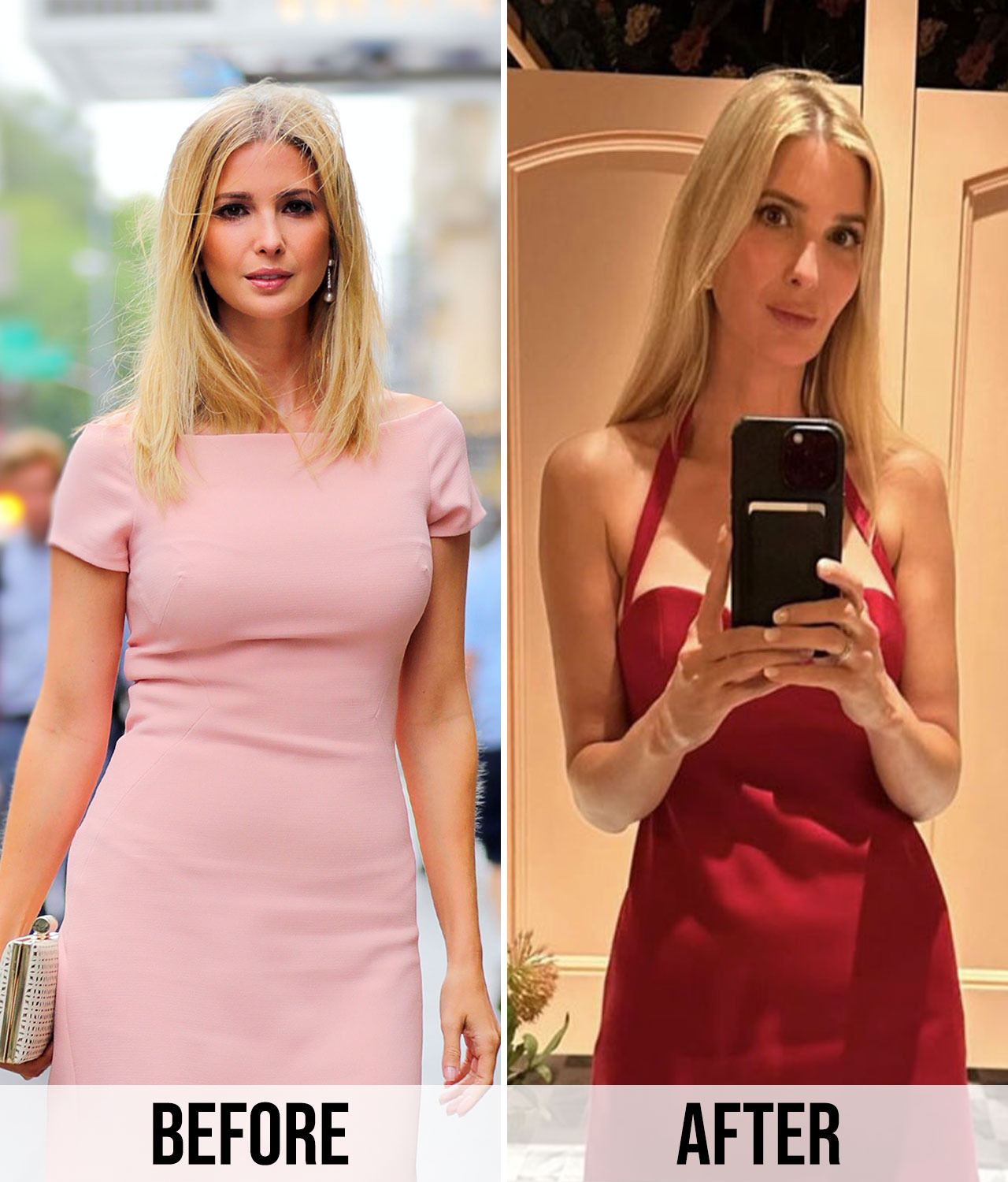 Ivanka Trump before and after pink shift dress vs red dress