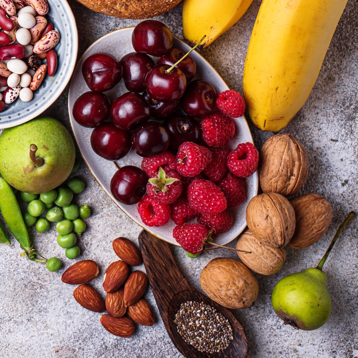 various fruits including cherries and walnuts