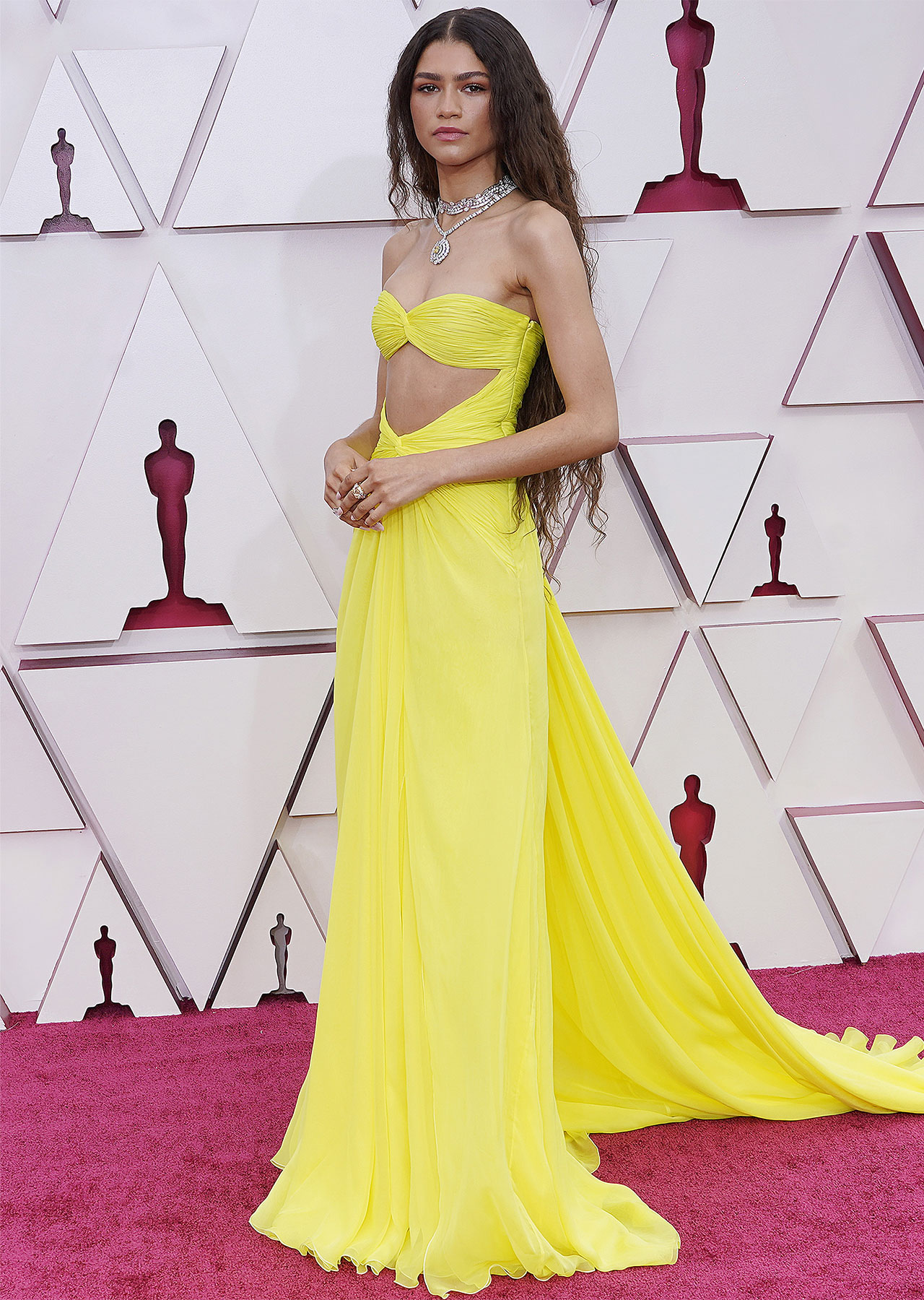 Zendaya 93rd Annual Academy Awards 2021 neon yellow Valentino cutout dress