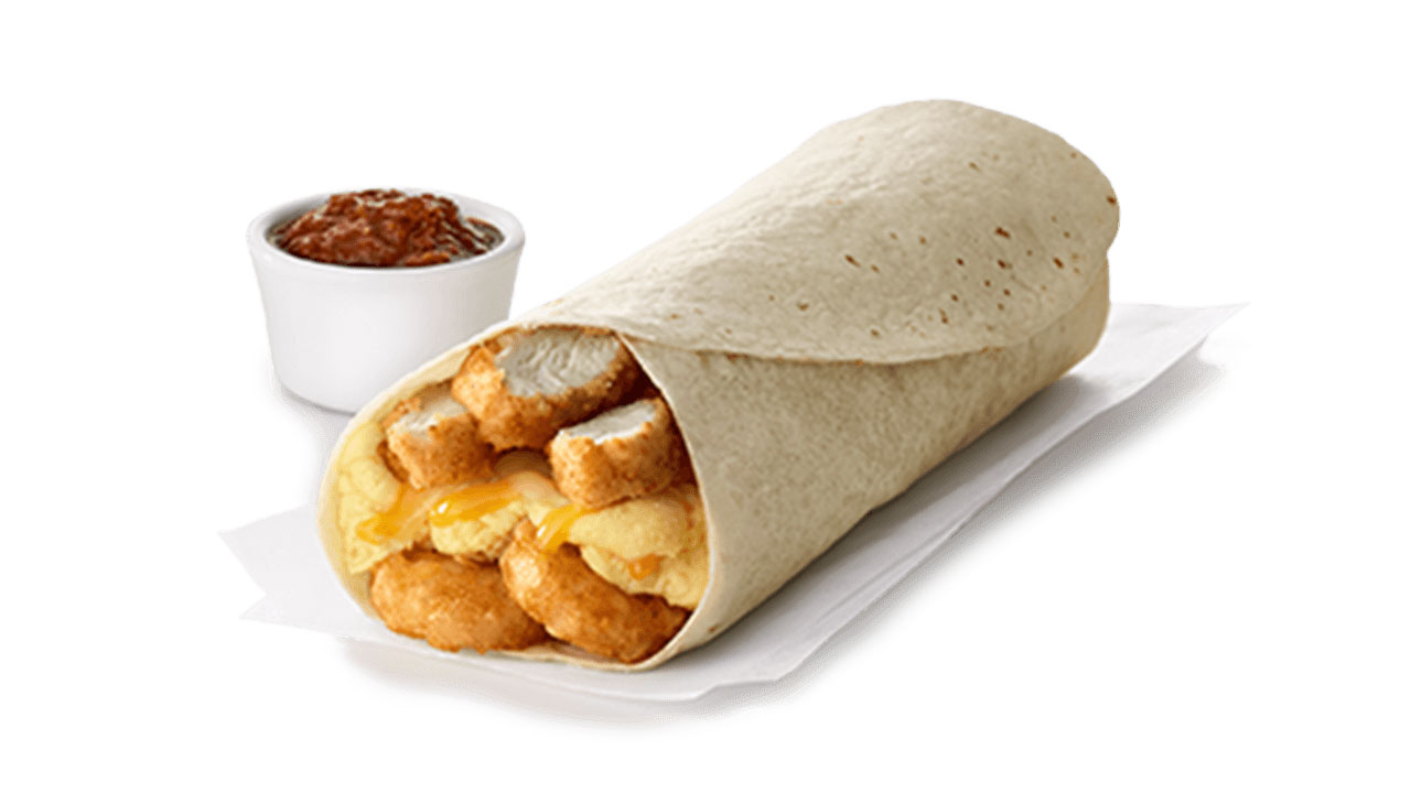 chick-fil-a hash brown scramble burrito with nuggets