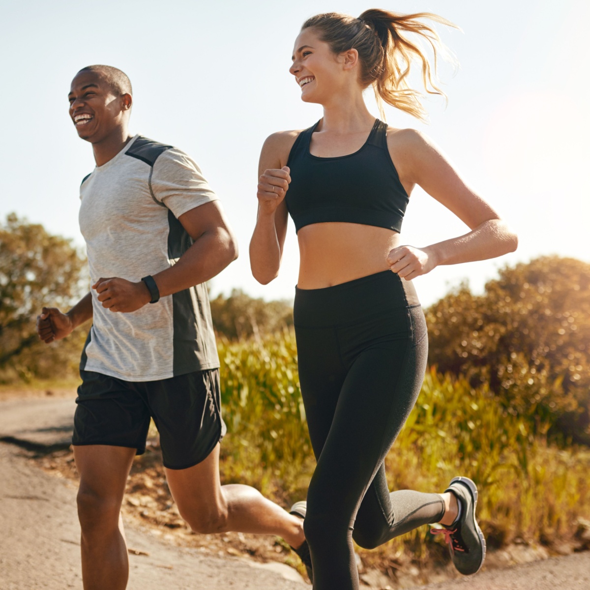 man and woman running