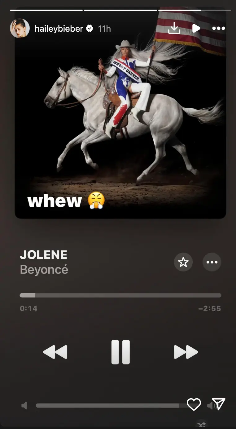 hailey bieber Instagram post beyonce track