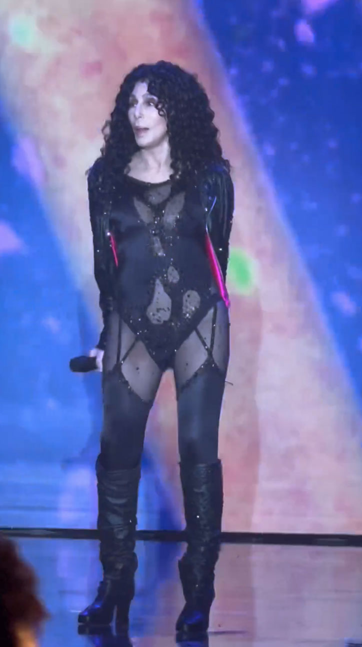 Cher cutout bodysuit performing at amfAR Gala in Cannes