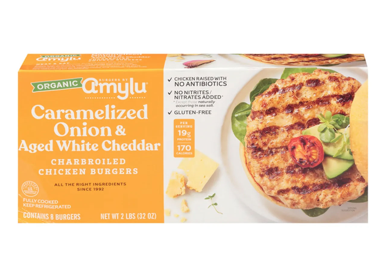 amylu foods organic caramelized onion white cheddar buger