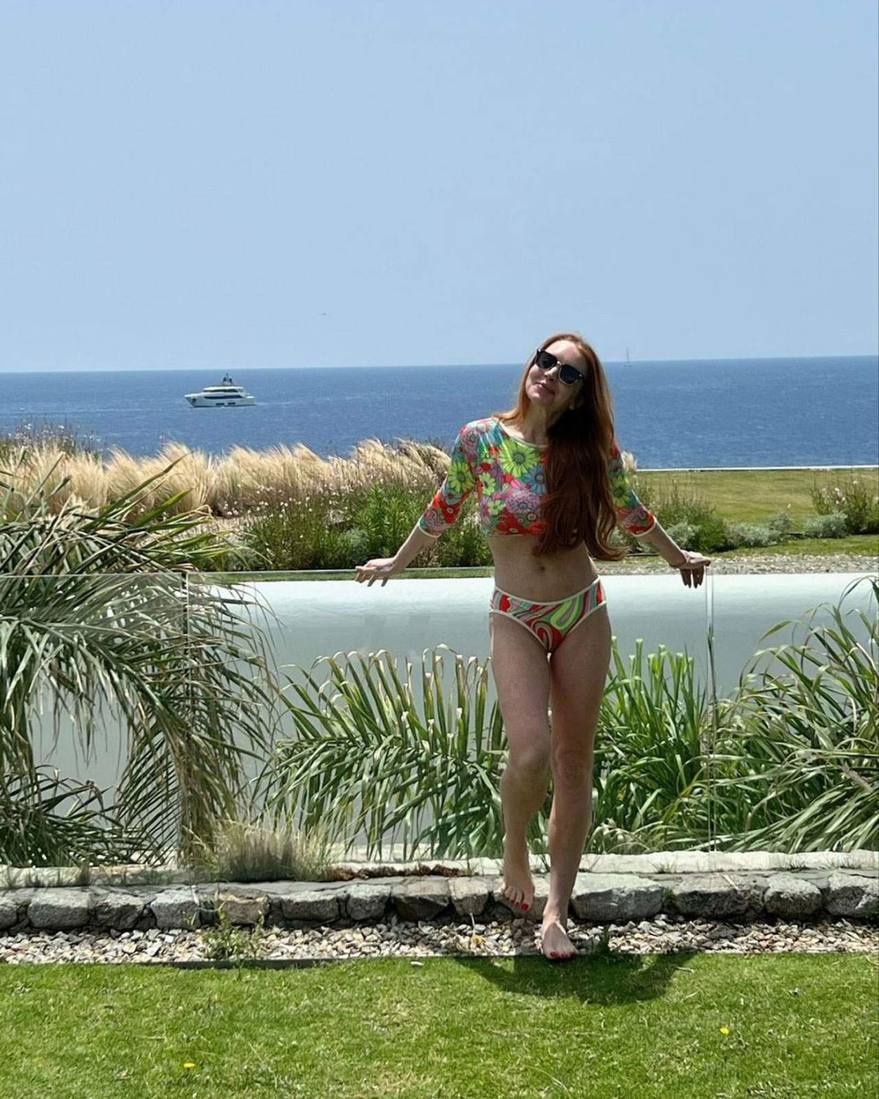 Lindsay Lohan In Two Piece Bathing Suit Floral In Mykonos