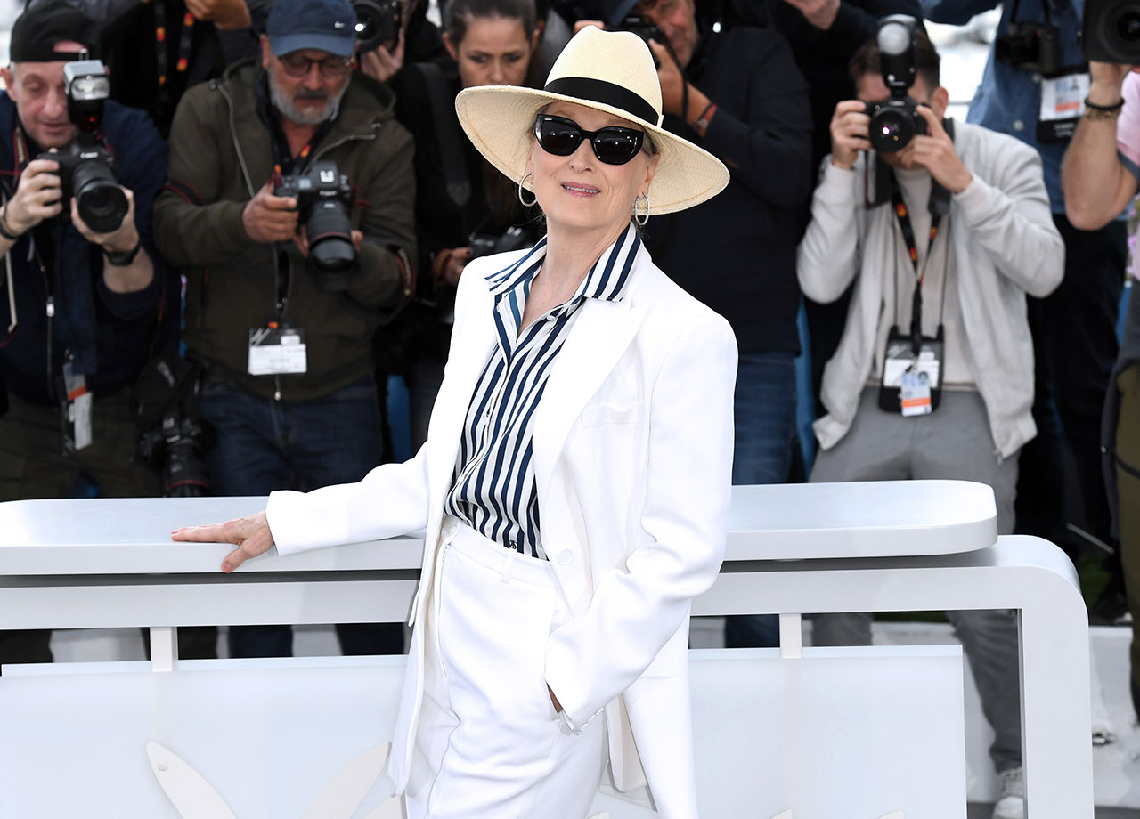 Meryl Streep white suit stripe shirt photocall 77th annual Cannes Film Festival