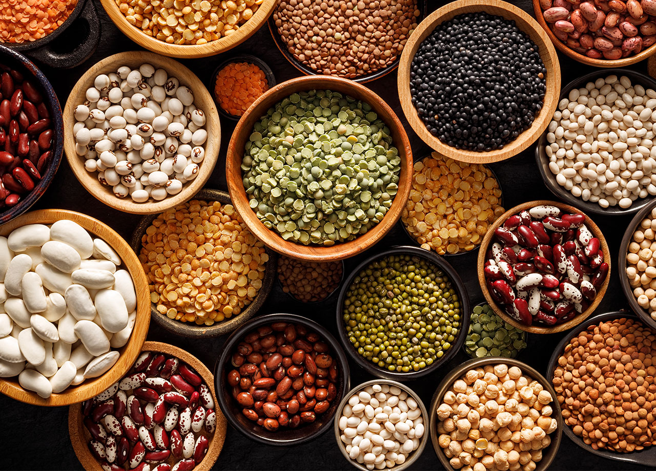 bowls of beans and lentils