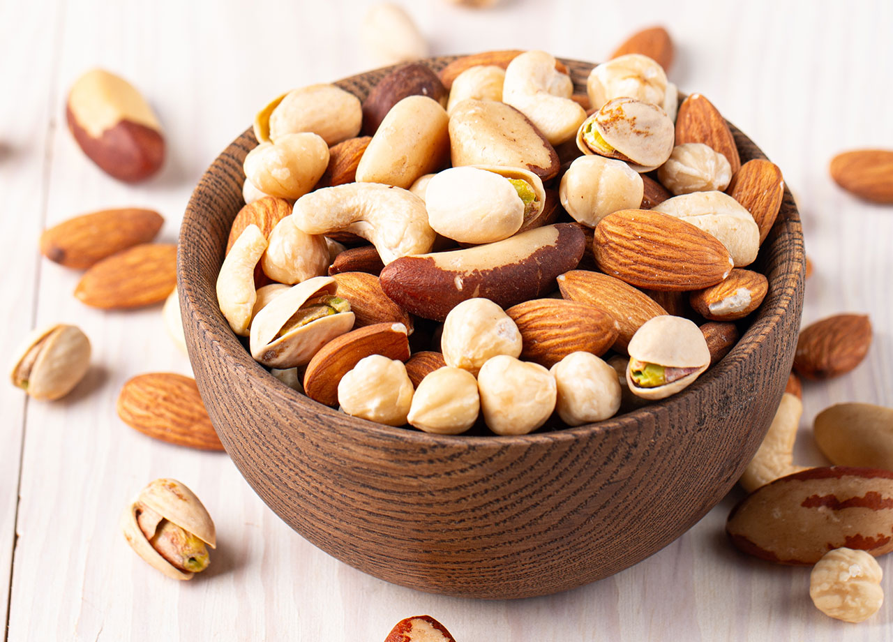 mixed nuts wooden bowl