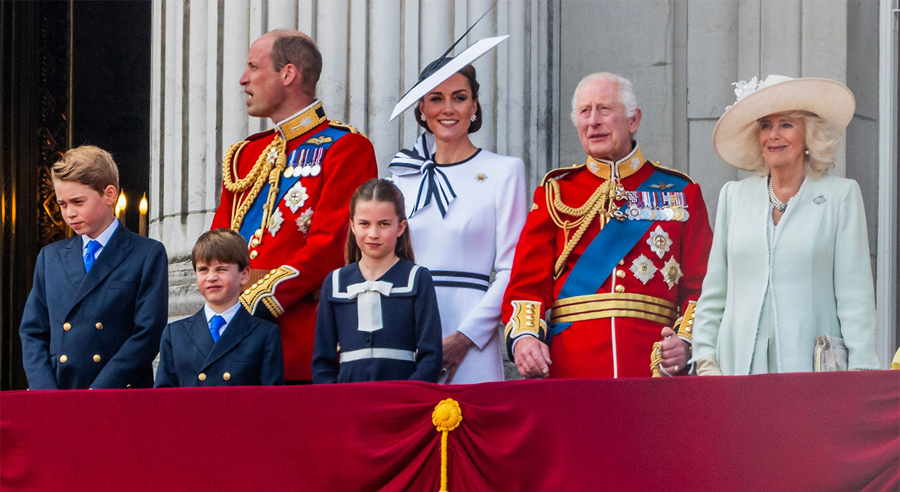 King Charles Queen Camilla Prince William Kate Middleton Prince George Princess Charlotte Prince Louis Buckingham Palace balcony Trooping the Color 2024