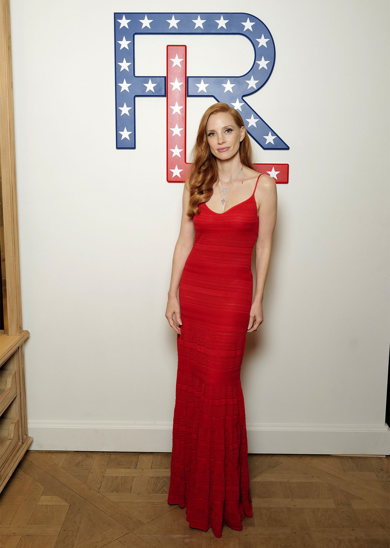 Jessica Chastain wearing red Ralph Lauren gown Ralph Lauren Team USA celebration Paris