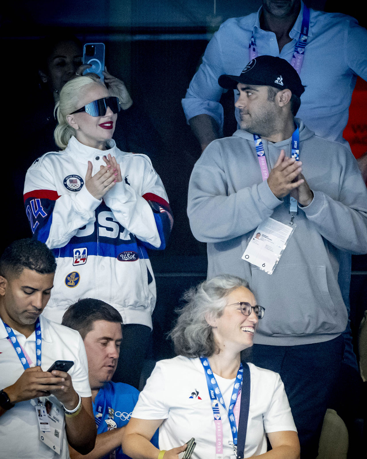 lady gaga and fiance michael polanksy at swimming event during paris olympics