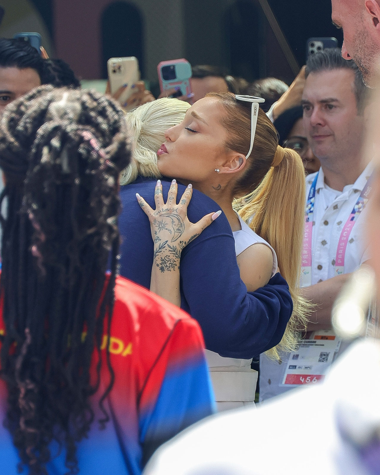 Lady Gaga and Ariana Grande hug after women's gymnastics Paris Olympics 2024