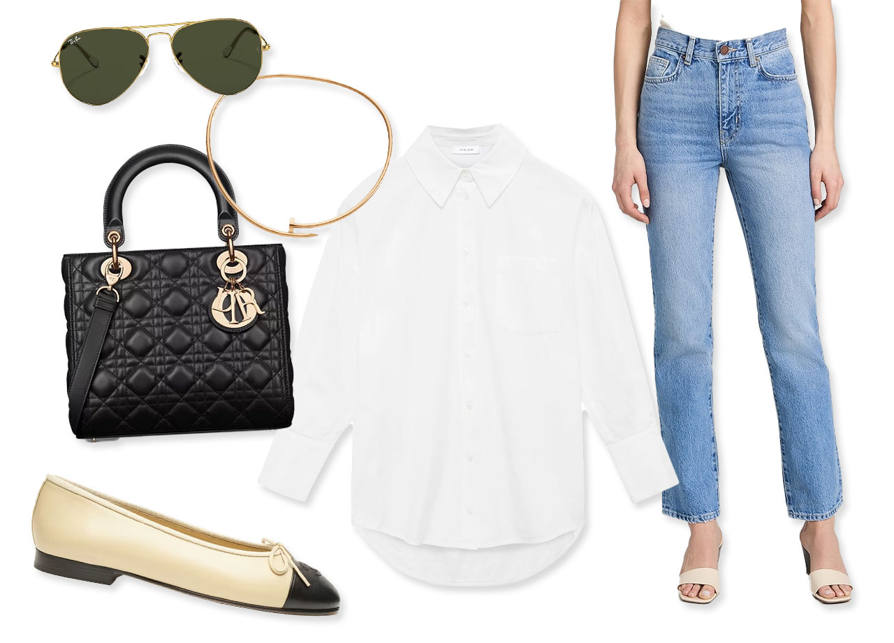 Meghan Markle white Anine Bing shirt blue La Ligne jeans Chanel flats Dior bag collage