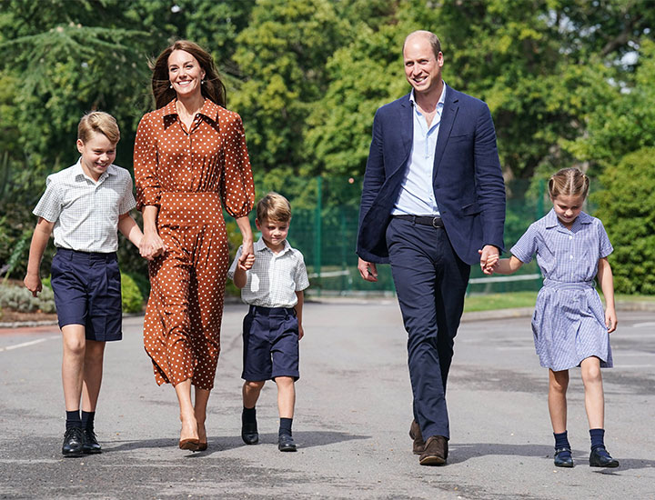 Prince William and Kate Middleton walking Prince George Princess Charlotte and Prince Louis to school