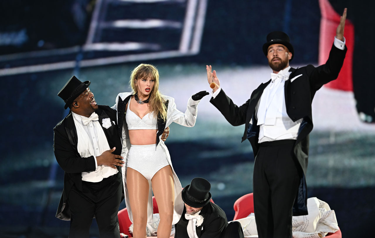 Taylor Swift and Travis Kelce on stage Eras Tour Wembley Stadium