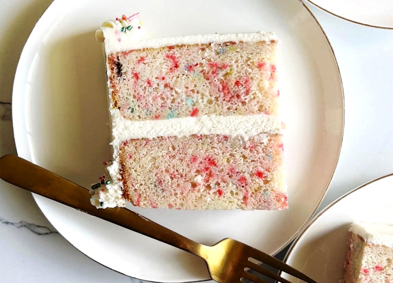 slice of birthday cake on a plate