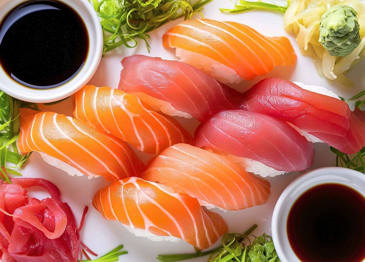 plate of sushi featuring fresh salmon and tuna