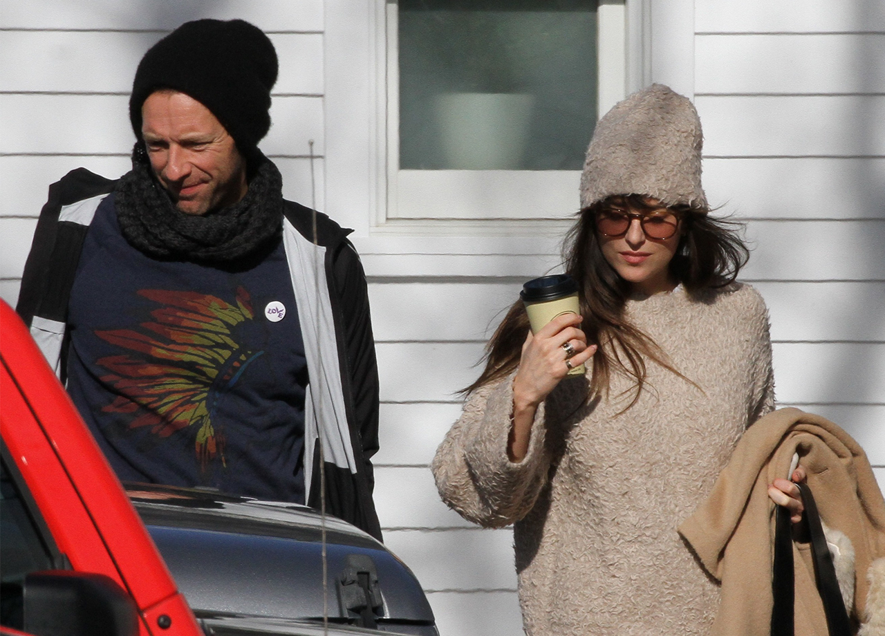 dakota johnson chris martin leaving hamptons barber shop