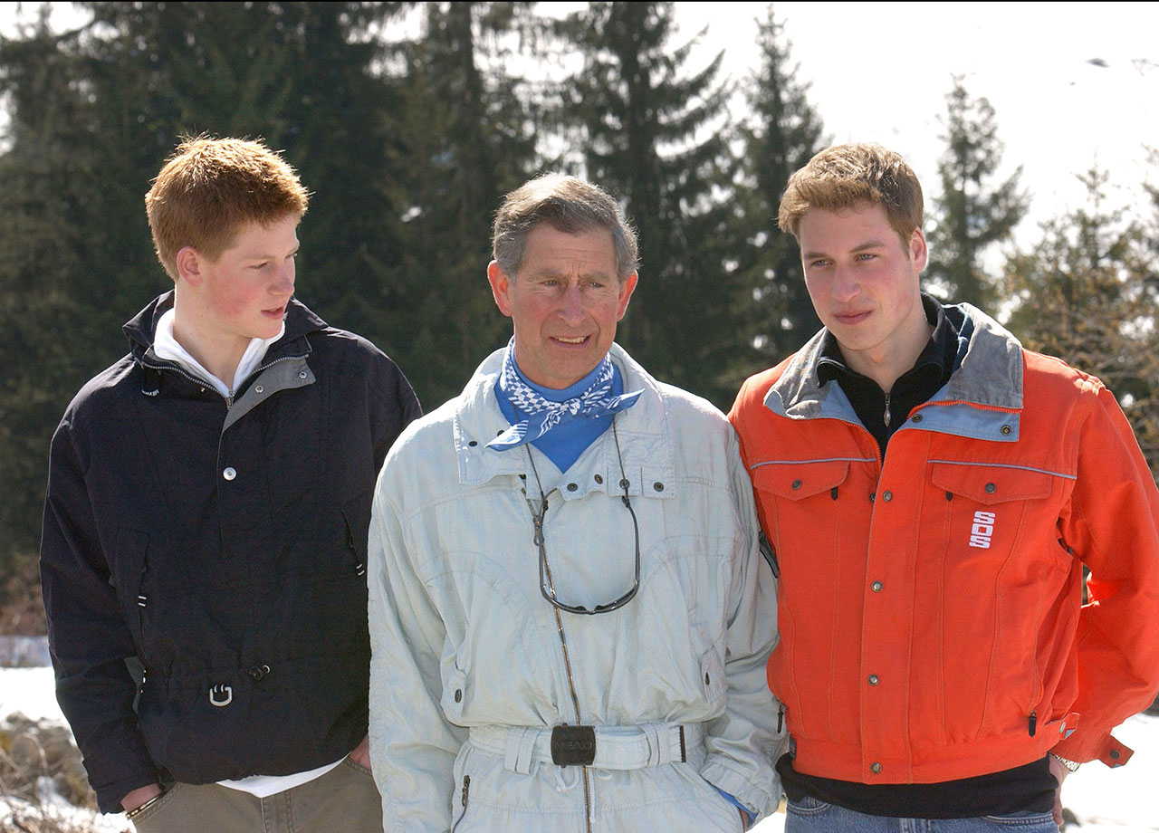 King Charles with Prince Harry and Priince William in Switzerland in 2002