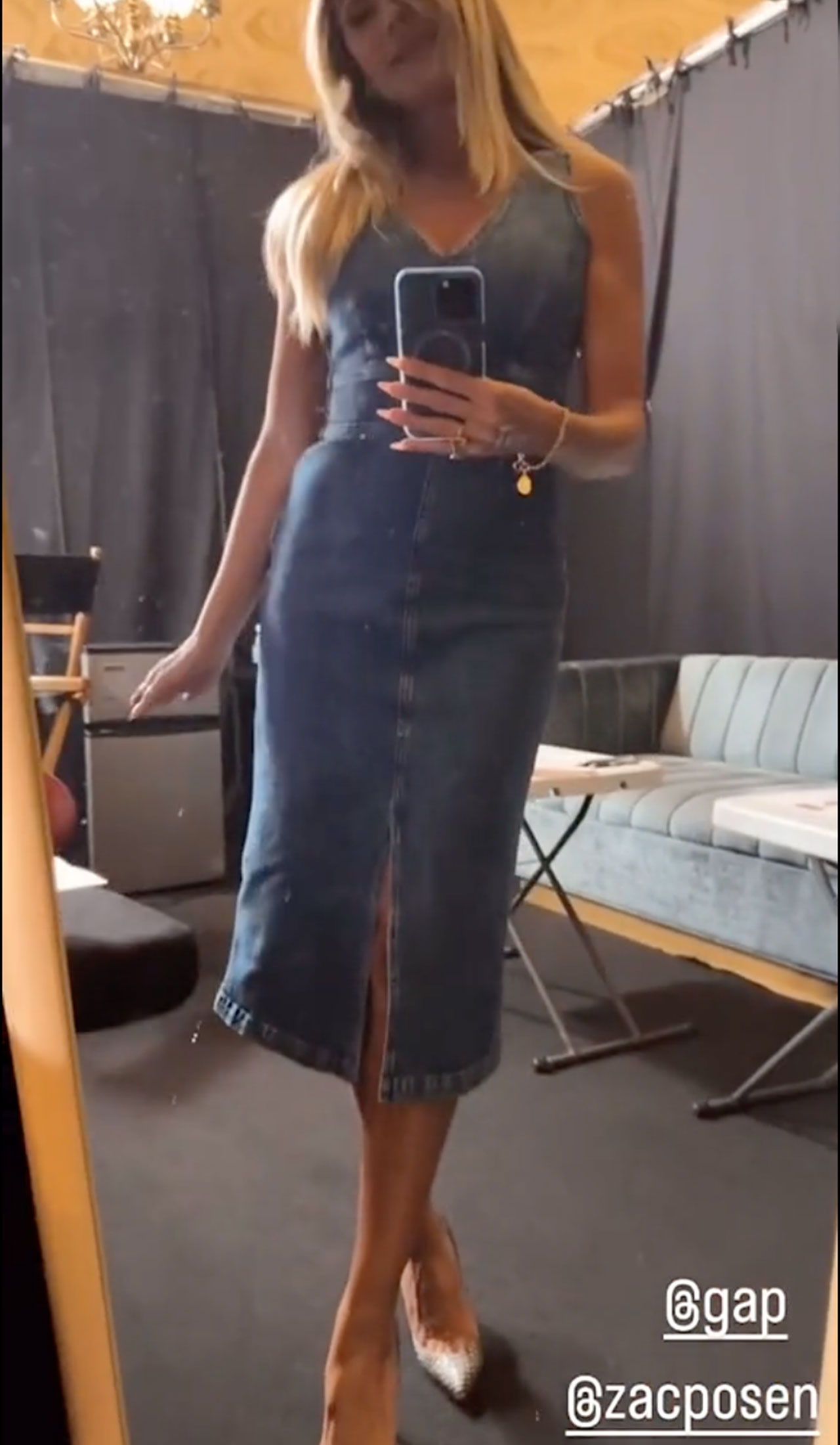 Heidi Klum mirror selfie high slit Gap denim midi dress