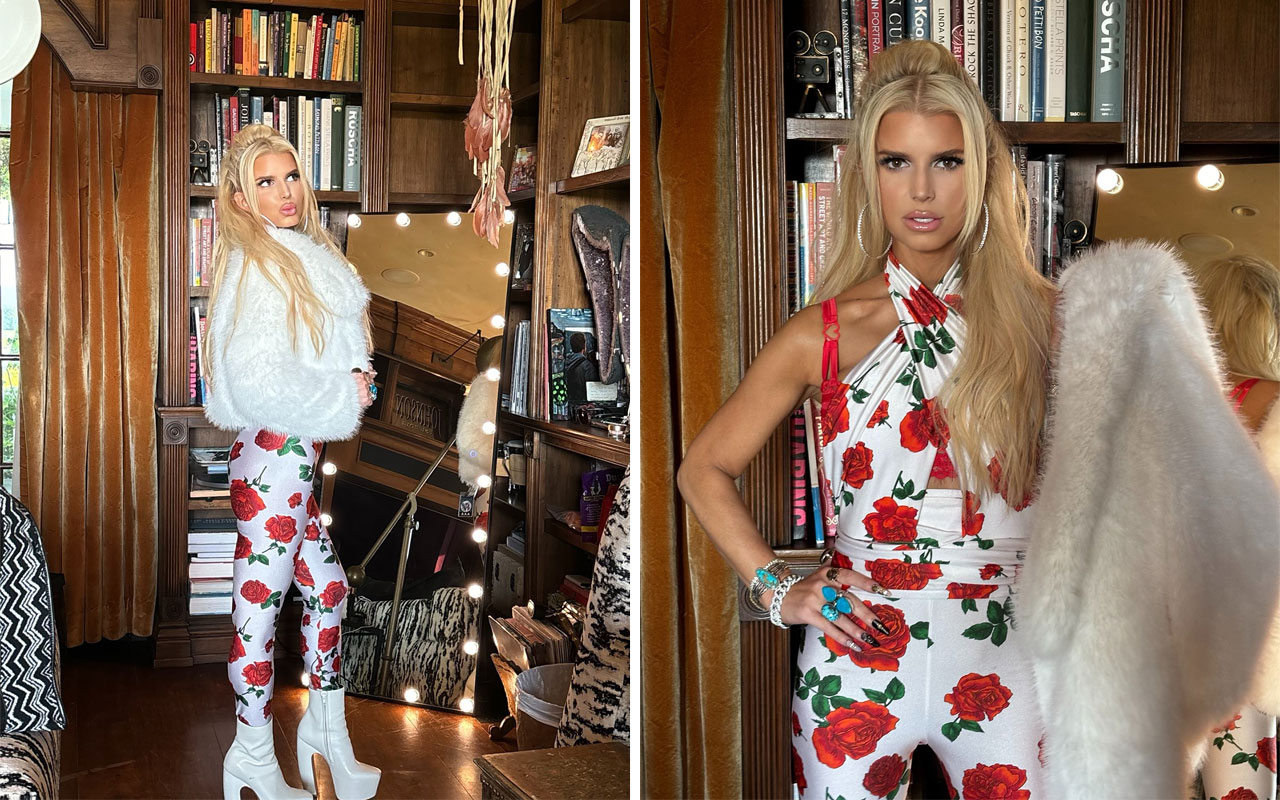 Jessica Simpson rose printed jumpsuit Instagram pictures