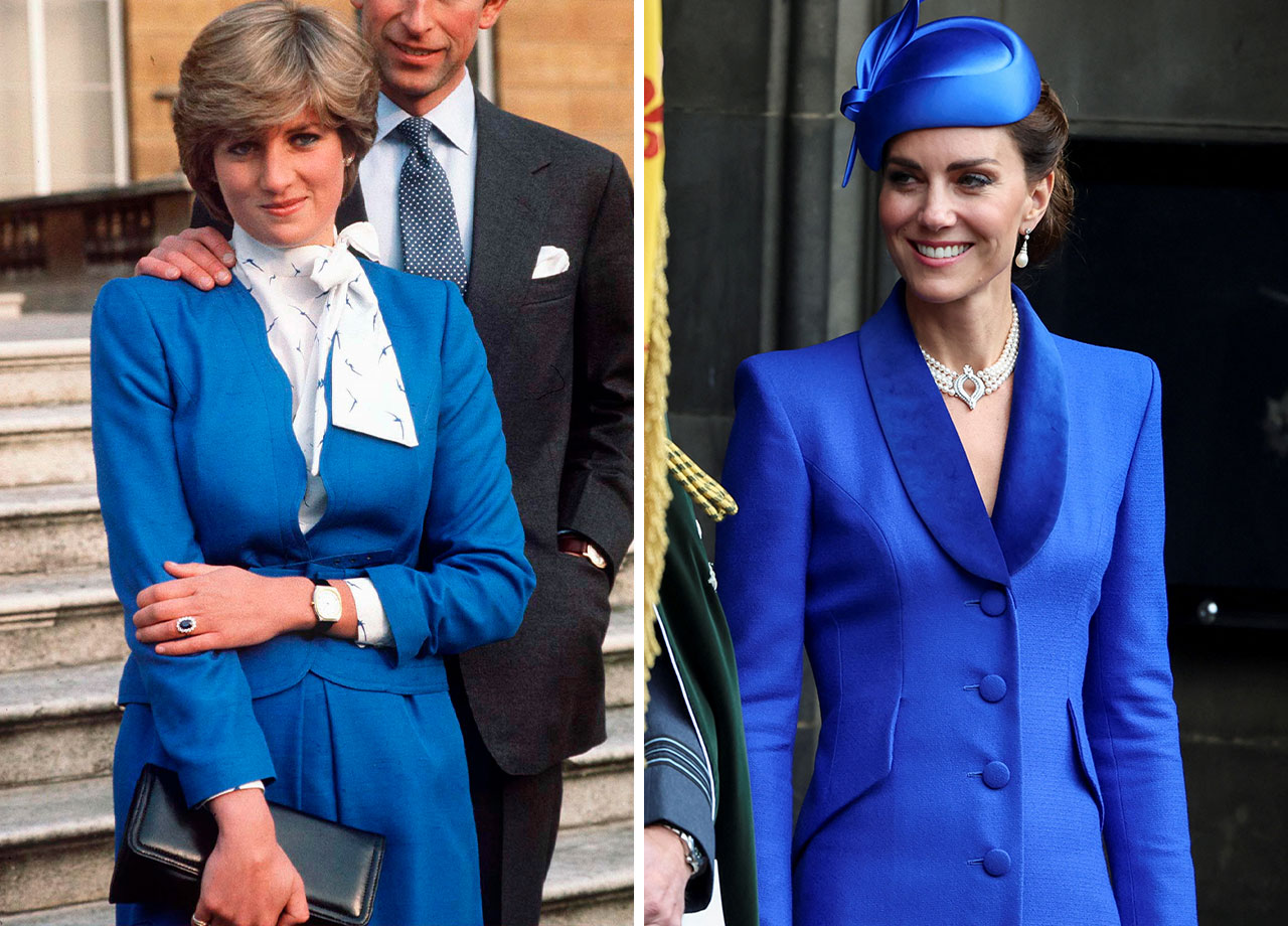 Kate Middleton and Princess Diana wearing blue outfits