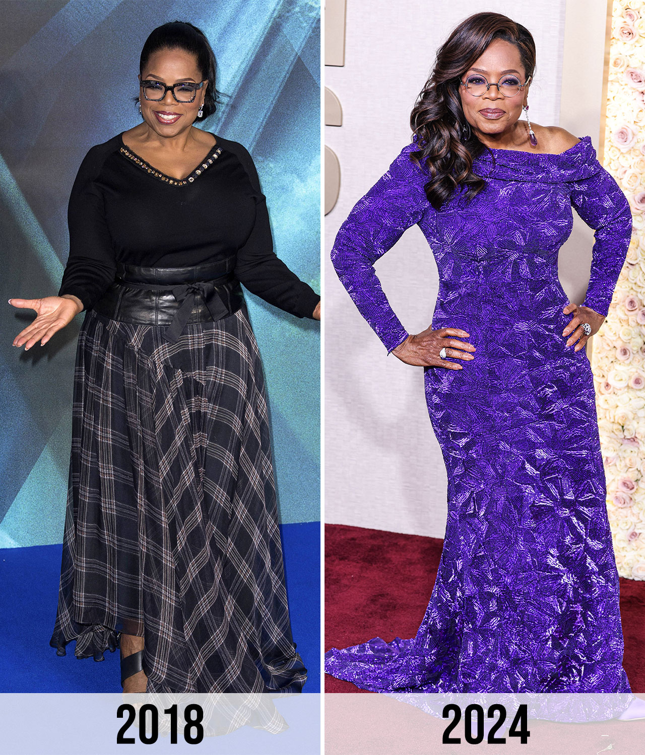 Oprah Winfrey before and after weight loss 2018 vs 2024