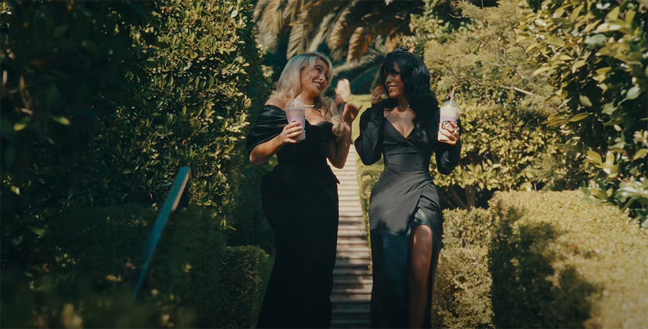 Sabrina Carpenter and Jenna Ortega Taste music video long black dresses