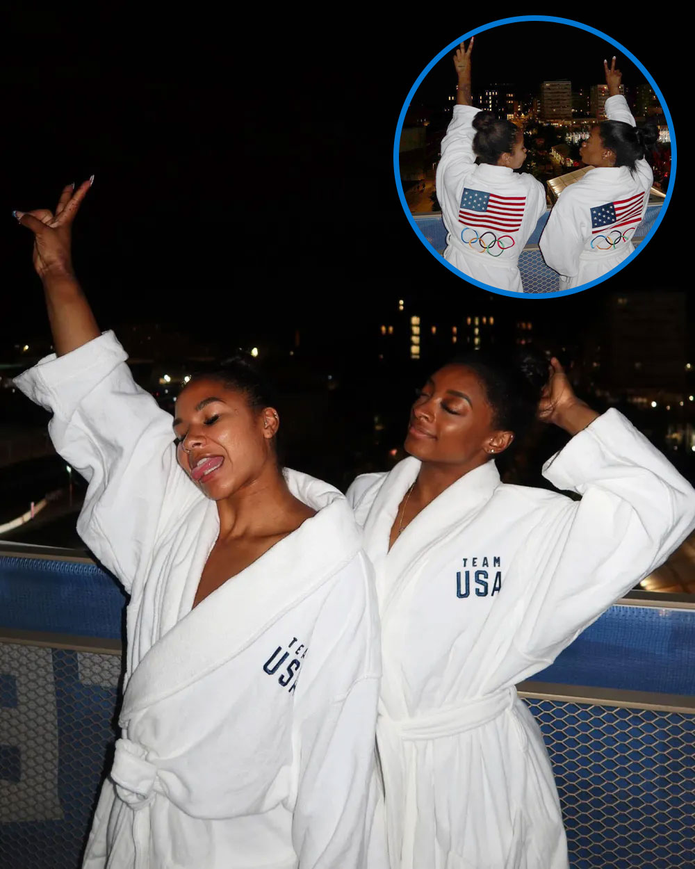 Simone Biles and Jordan Chiles in matching Olympics Skims bathrobes