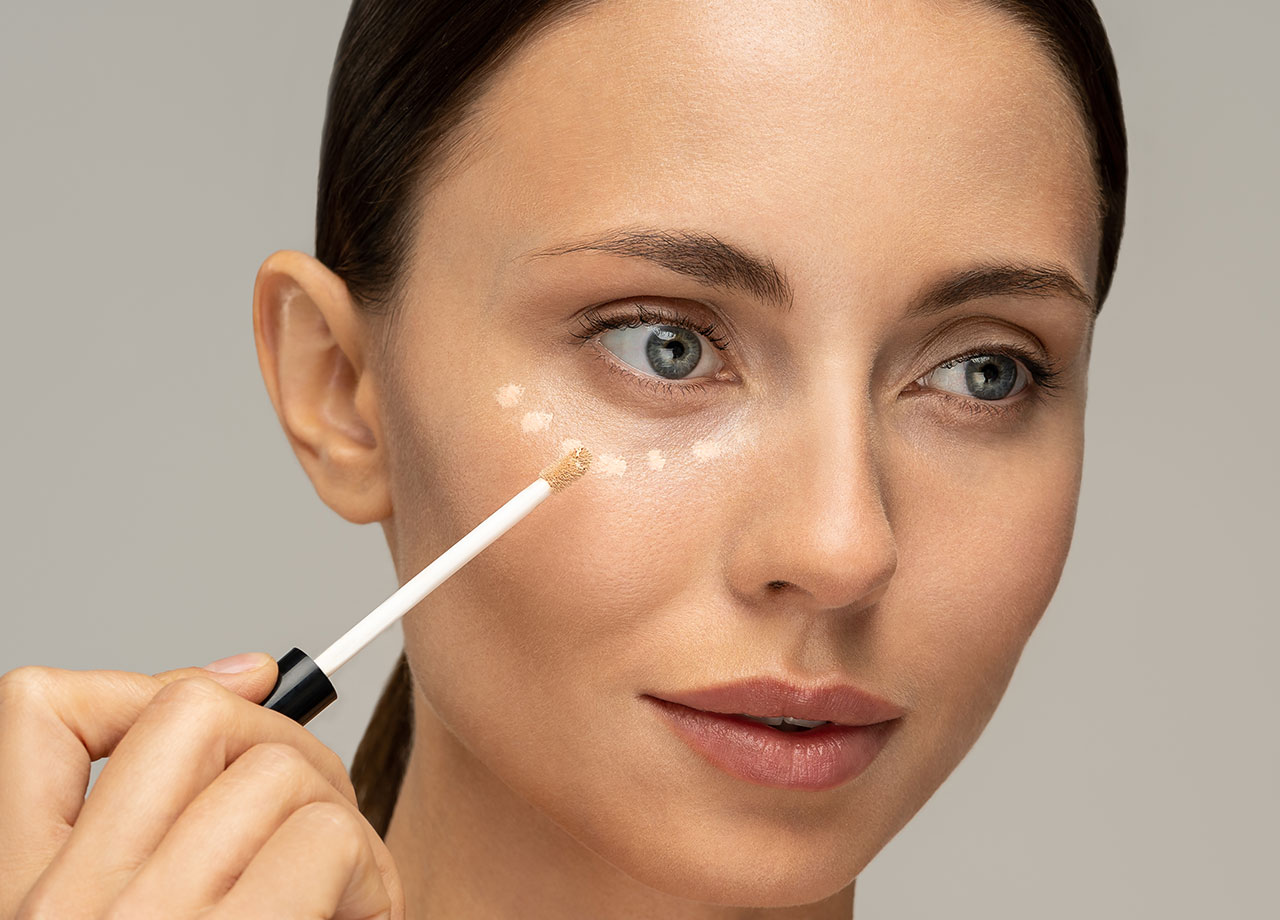 woman applying lightening concealer to under eyes