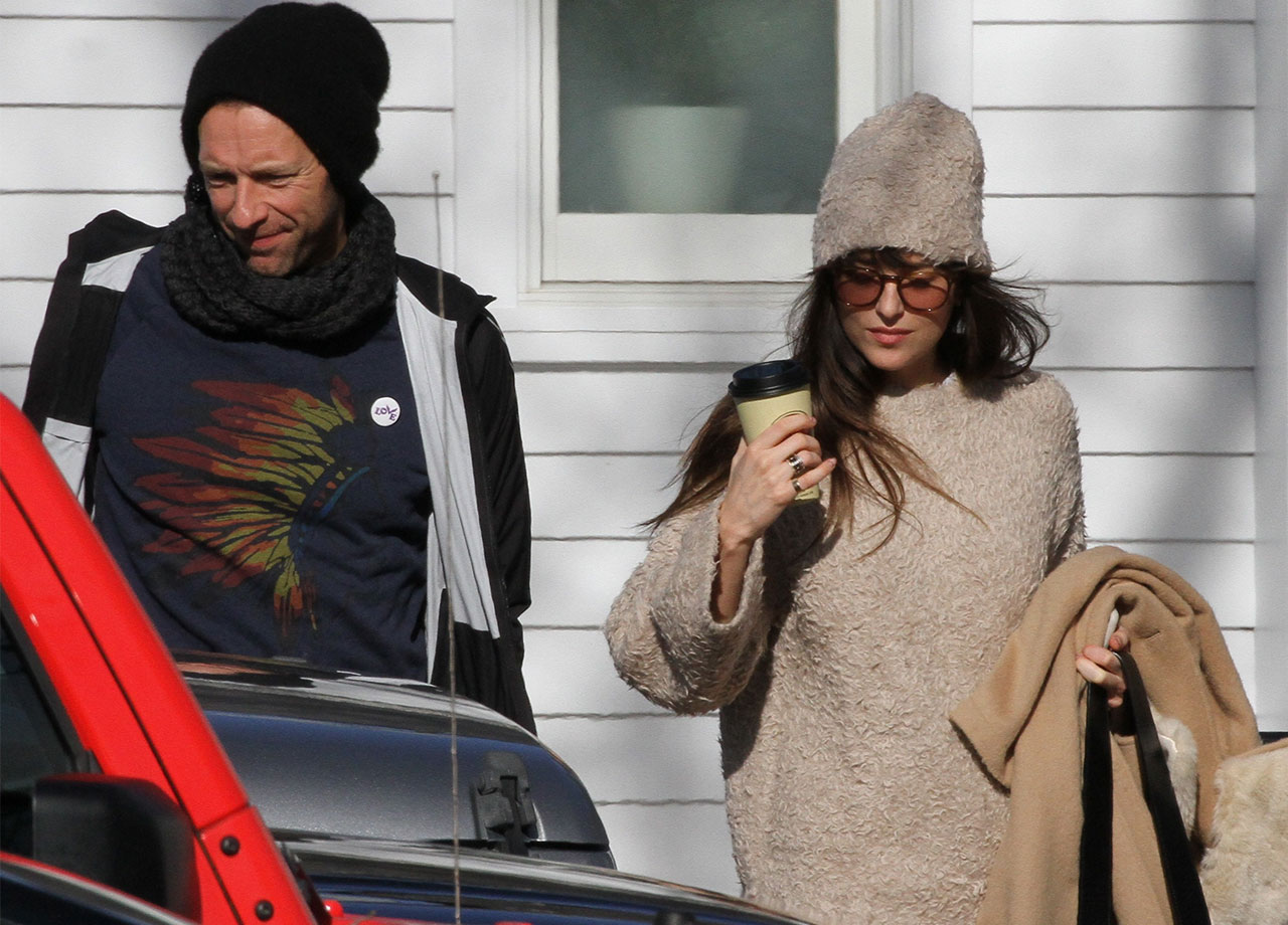 Chris Martin and Dakota Johnson leaving barber shop in the Hamptons