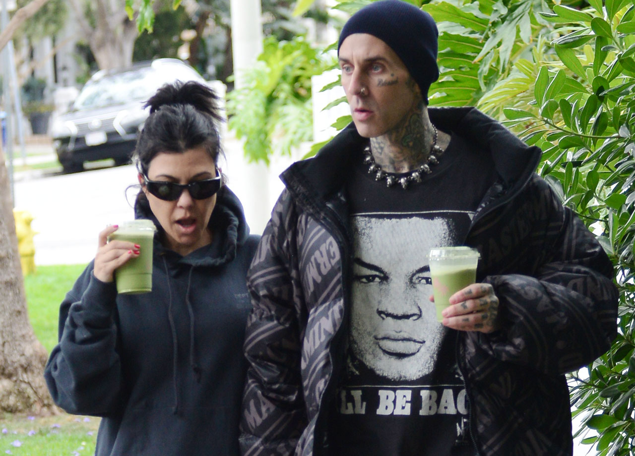 Kourtney Kardashian and Travis Barker grabbing a matcha