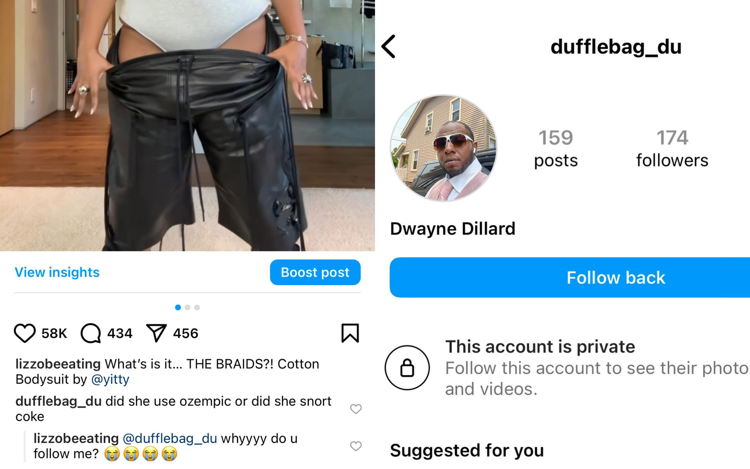 Lizzo Ozempic allegations by commenter Instagram