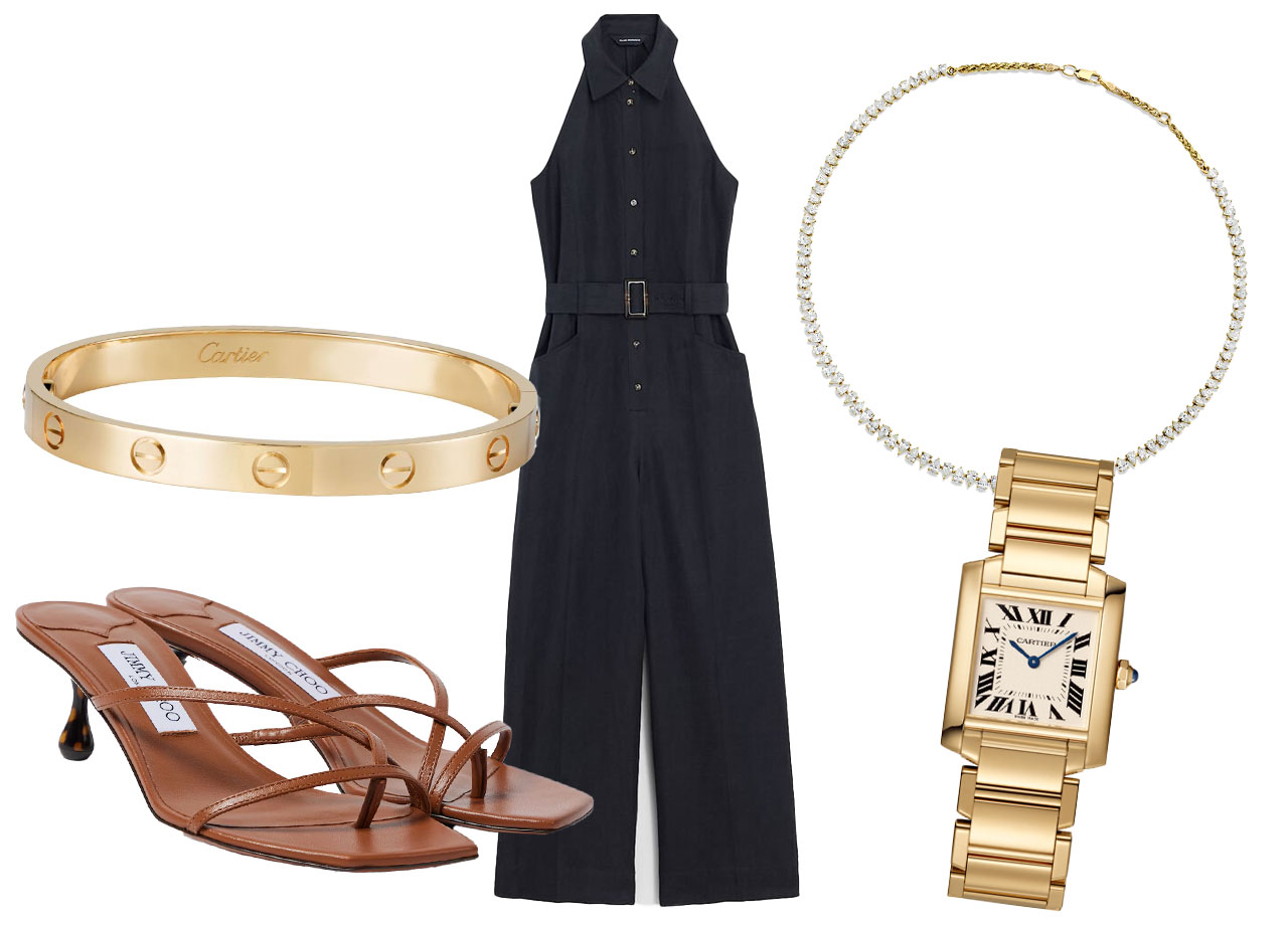 Meghan Markle Club Monaco jumpsuit, Jimmy Choo sandals and jewelr collage