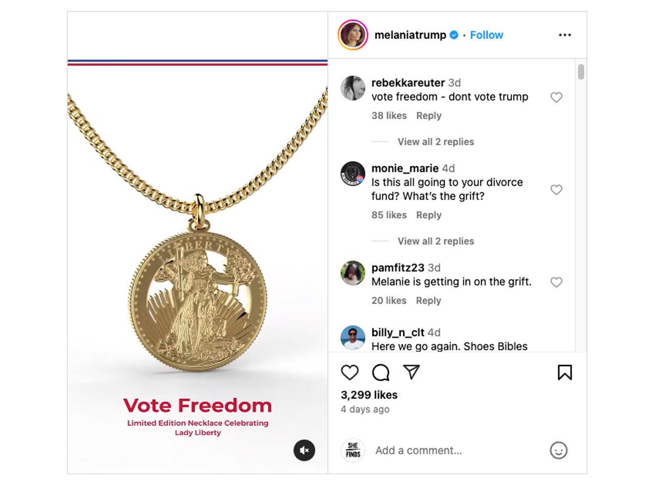 Melania Trump Vote Freedom Liberty necklace Instagram comments