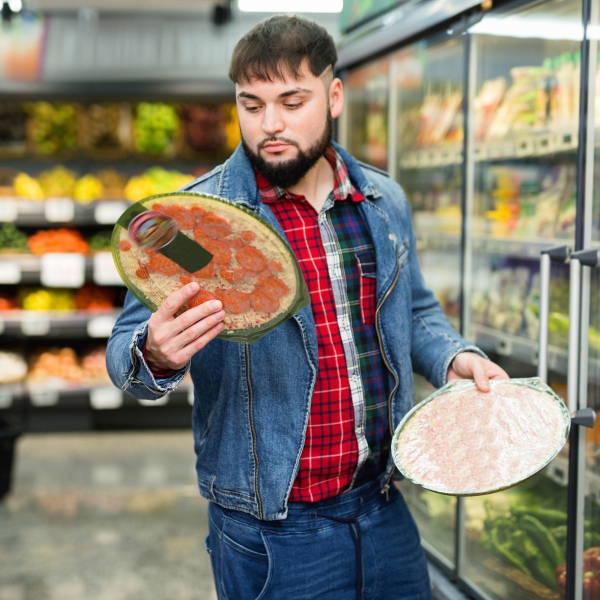 man looking at frozen pizza