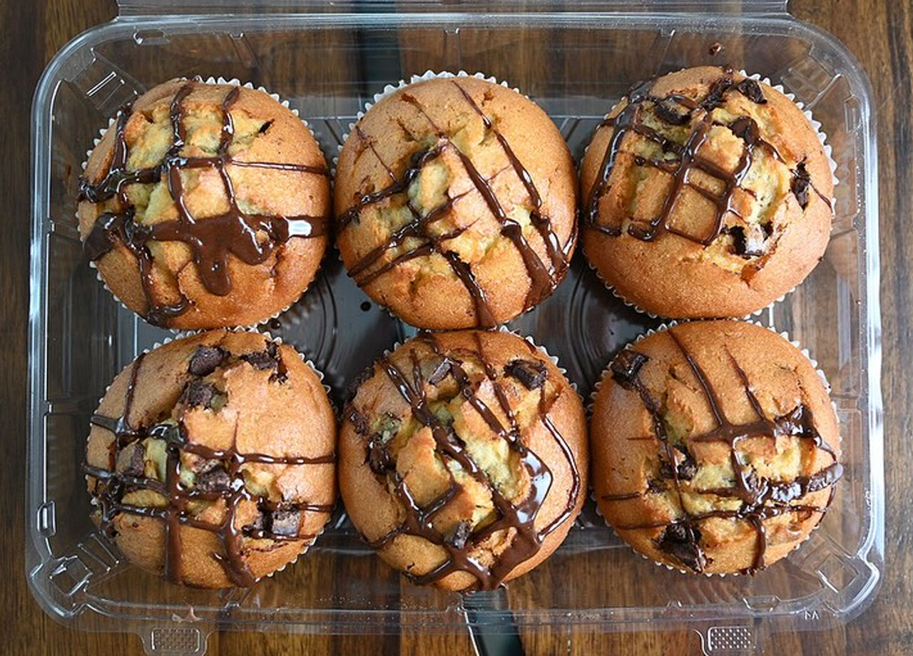 costco vanilla chocolate chunk muffins with a caramel drizzle