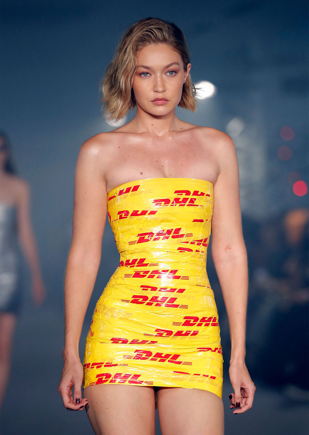 gigi hadid dhl packing tape dress