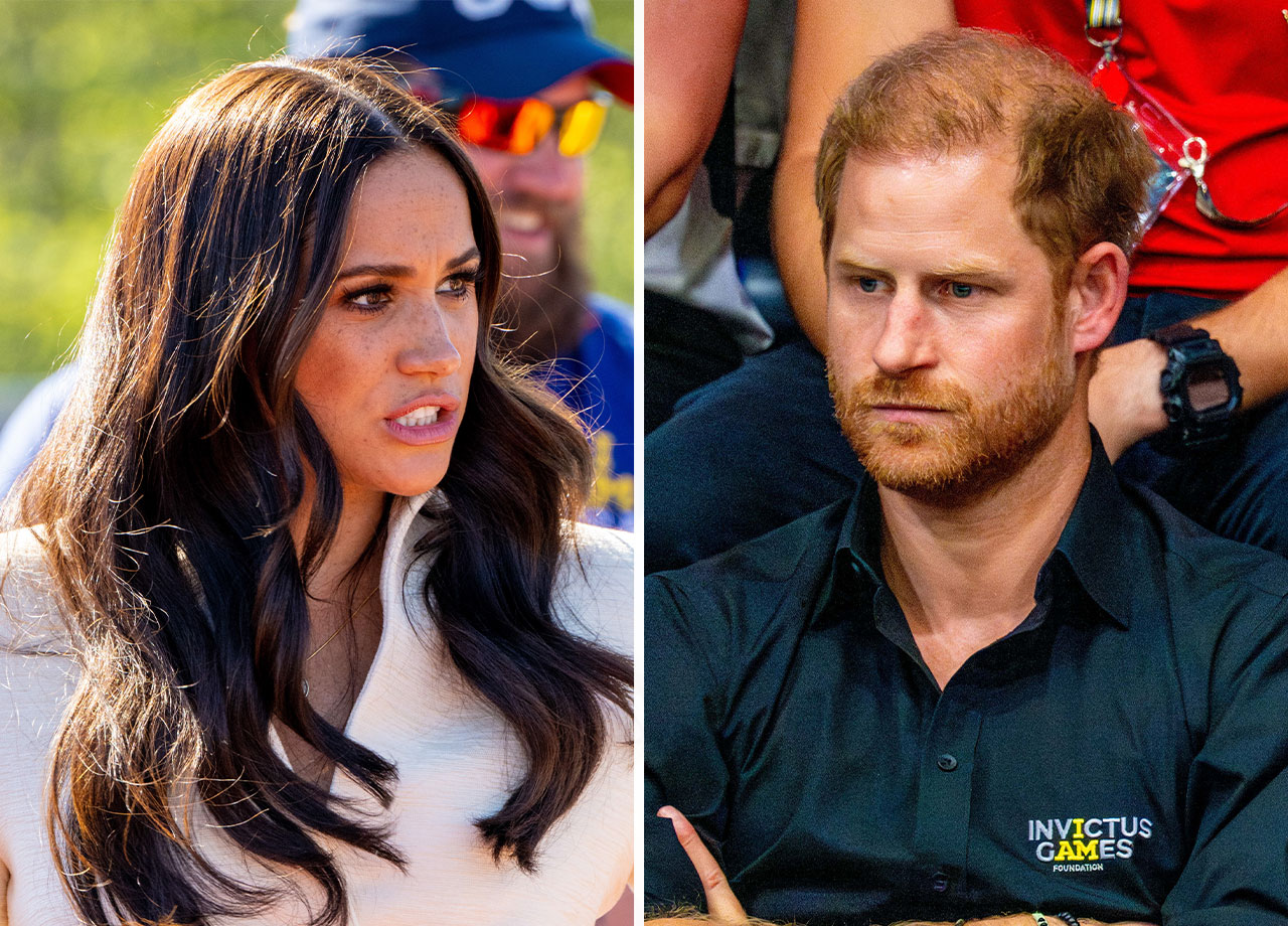 Prince Harry and Meghan Markle looking stern