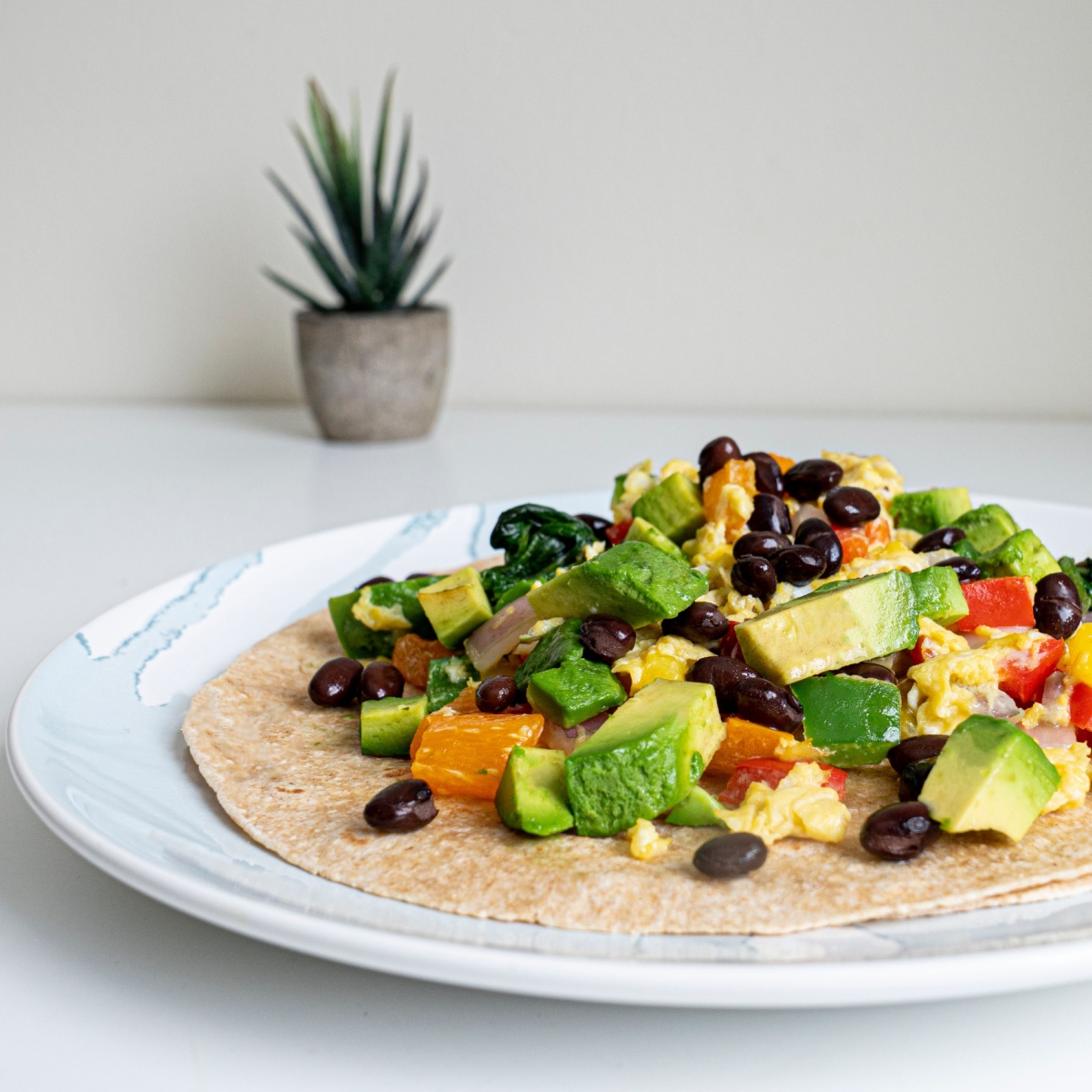 plate of whole wheat tortilla with veggies on top