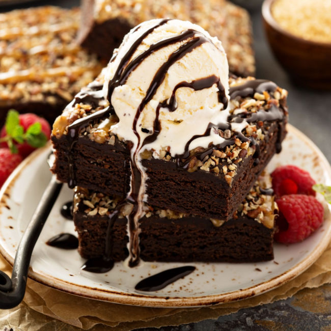 brownie topped with ice cream