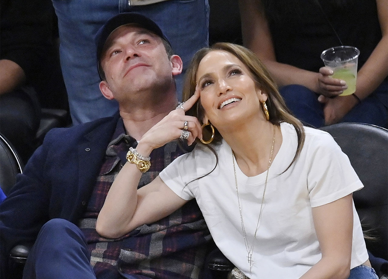 Jennifer Lopez and Ben Affleck courtside during NBA game