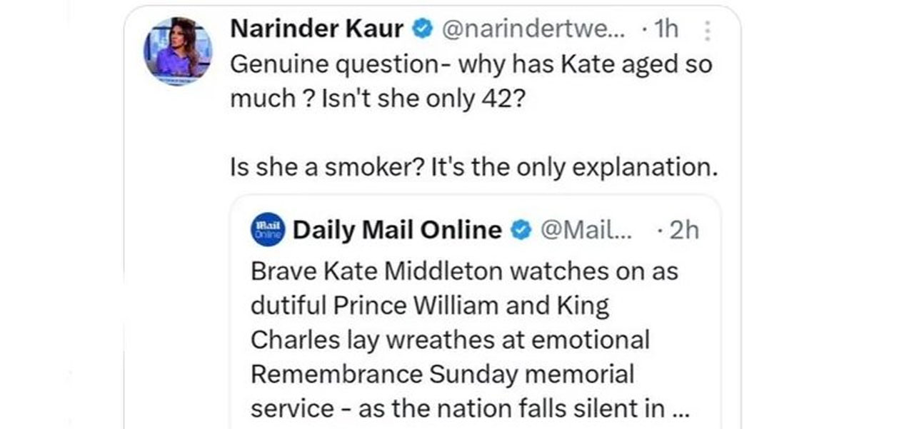 Narindertweets comment about Kate Middleton's appearance on Remembrance Sunday