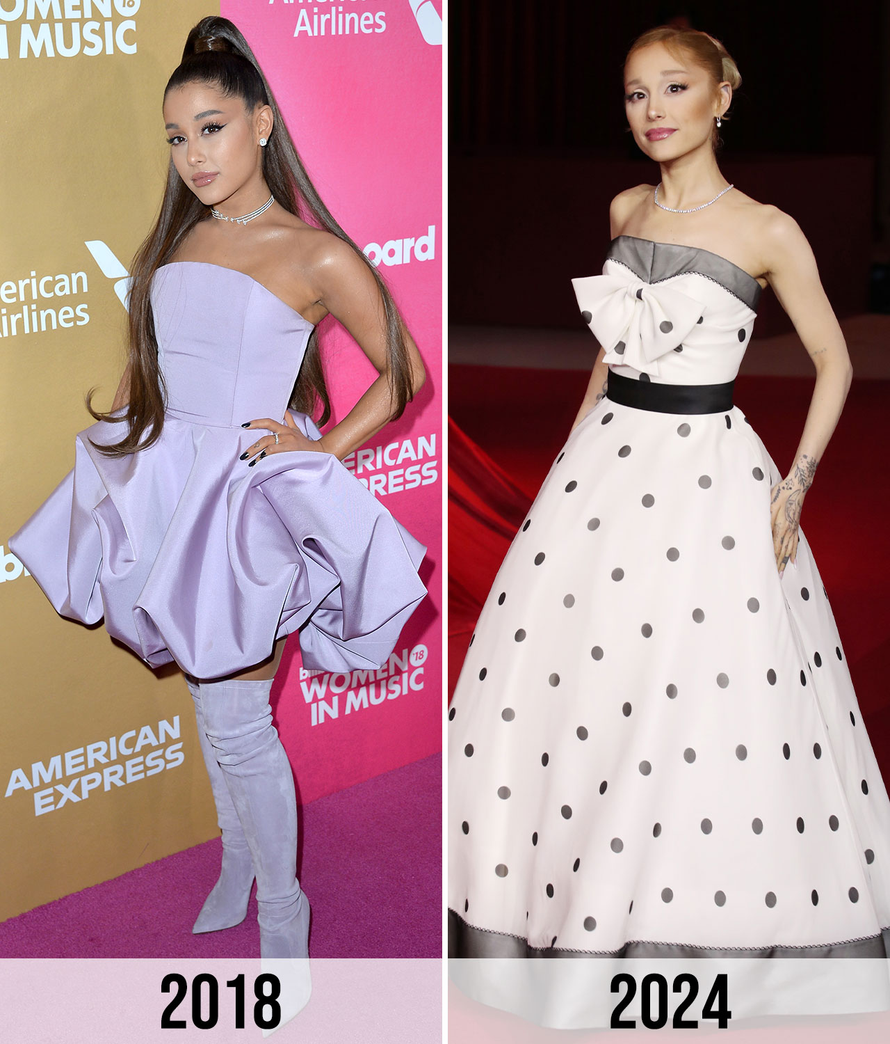 ariana grande before and after red carpets 2018 and 2024