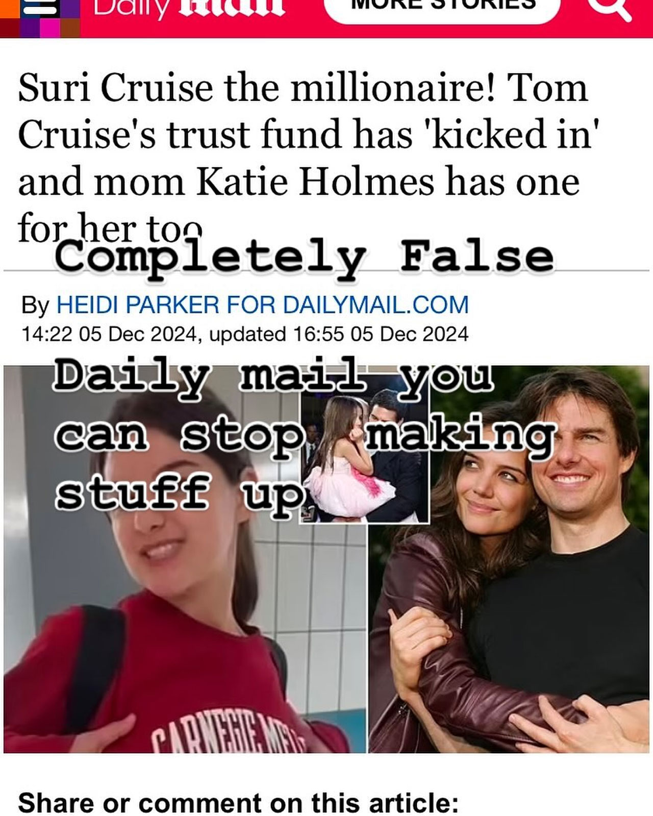 Katie Holmes Instagram post about Daily Mail Suri Cruise