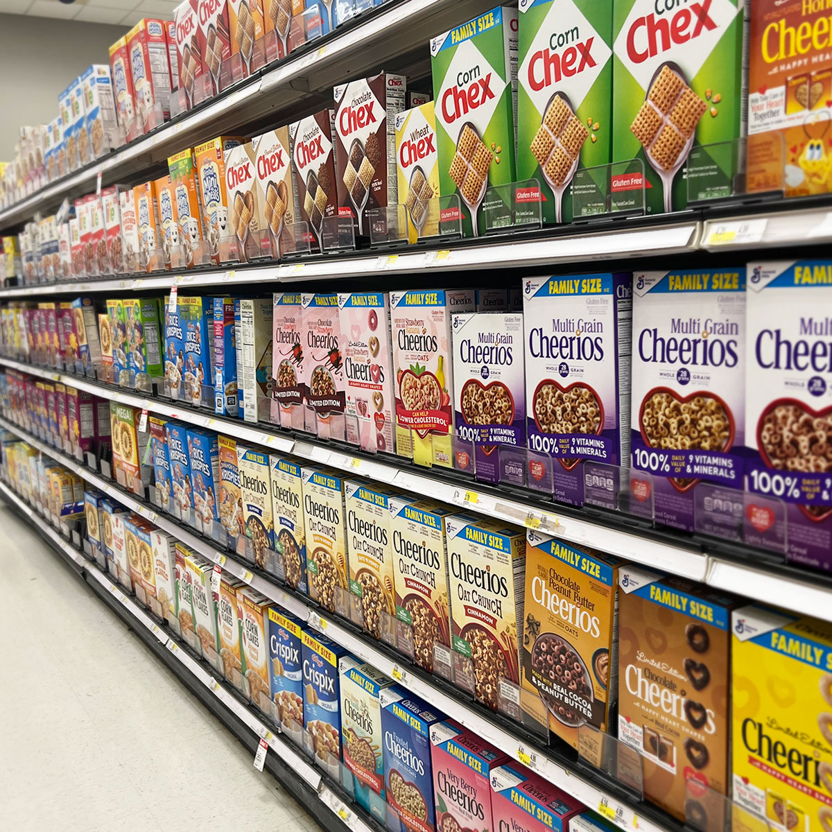 boxes of cereal grocery store aisles