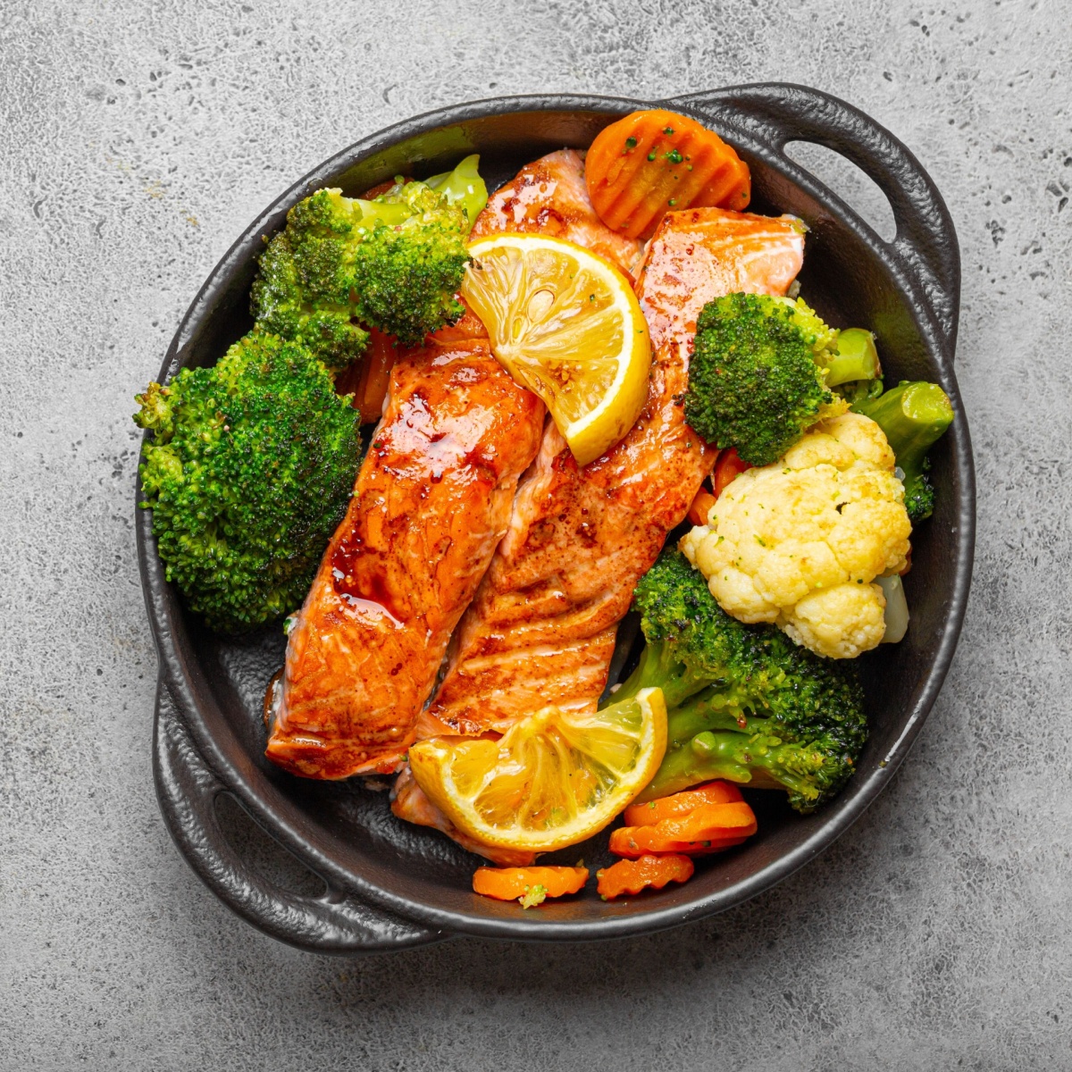 Salmon with Broccoli and Cauliflower veggies pan