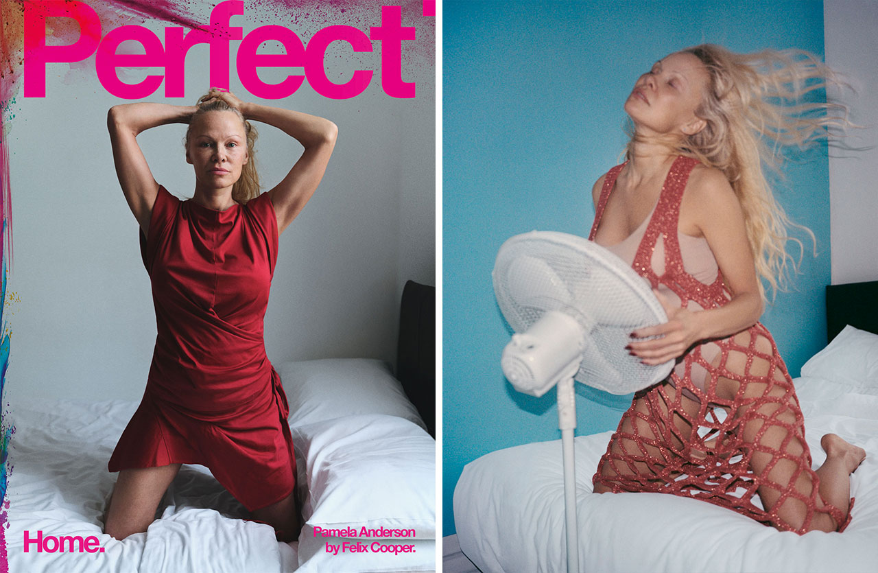 Pamela Anderson Perfect Magazine Issue 6 cover and red dress with fan