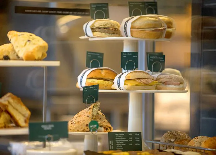 Starbucks sandwiches in a case